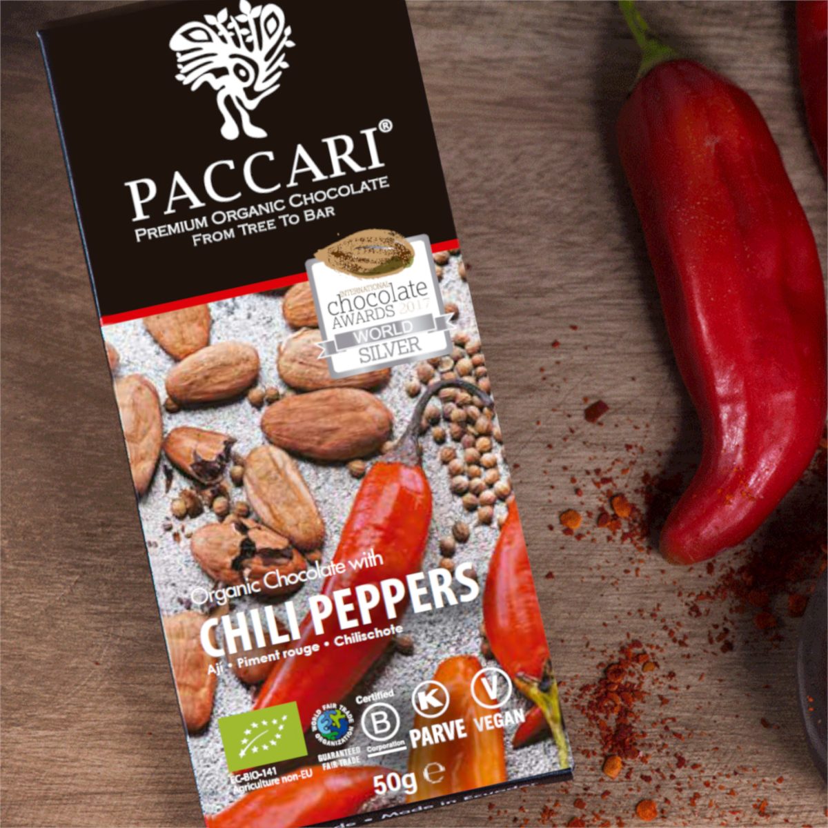 Cioccolato Paccari - Tavoletta di Cioccolato Biologico al Peperoncino 60% Cacao Ecuador - 50g