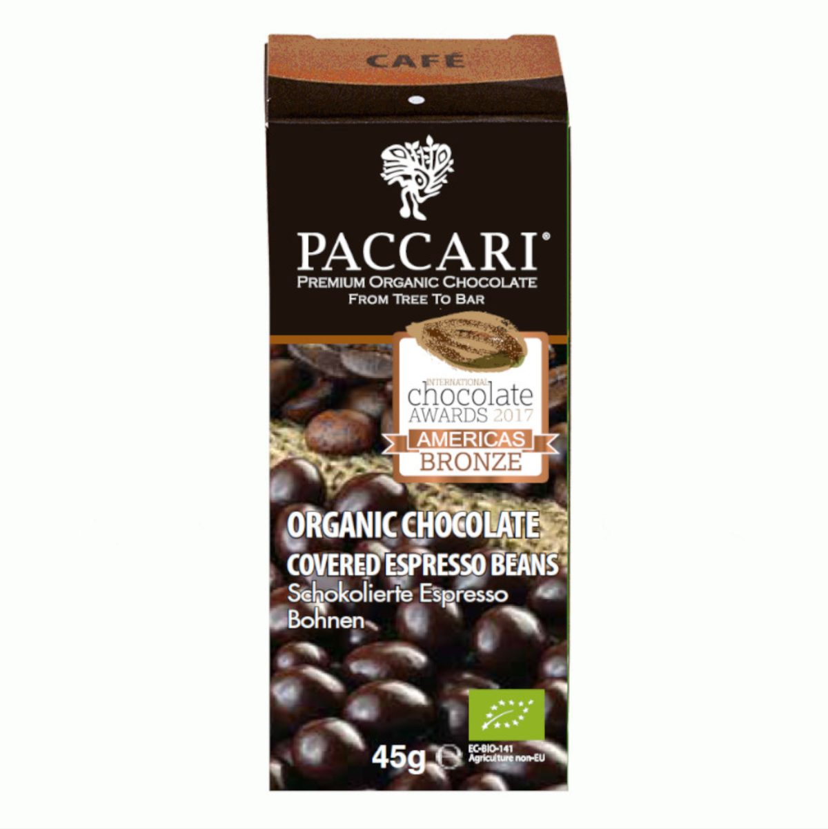 Paccari – Chicchi di caffè biologici ricoperti di cioccolato 60% Ecuador, 45 g Paccari – Chicchi di caffè biologici ricoperti di cioccolato 60% Ecuador, 45 g